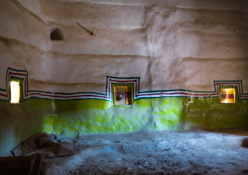 Traditional interior wall decoration made by the women called al-qatt al-asiri in a house, Asir Province, Al Osran, Saudi Arabia