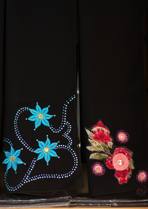 Detail of embroideries on an abaya dress, Najran Province, Najran, Saudi Arabia