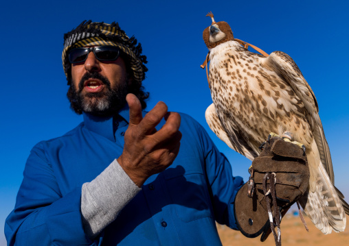 Saudi man with falcon perching on hand, Al-Jawf Province, Sakaka, Saudi Arabia