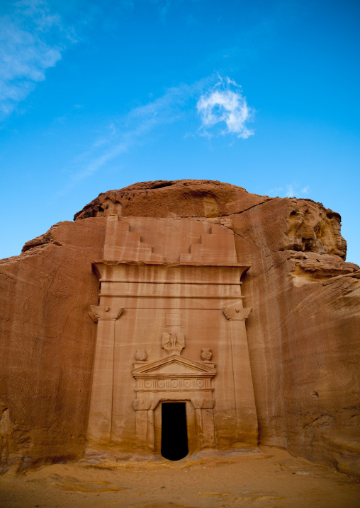 Nabataean tomb in al-Hijr archaeological site in Madain Saleh, Al Madinah Province, Alula, Saudi Arabia