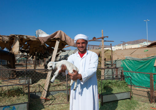 Saudi man holding a baby sheep in a market, Najran Province, Najran, Saudi Arabia