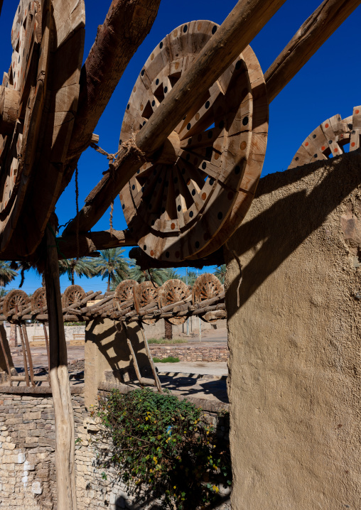 Wooden wheels in the ancient haddaj well, Tabuk province, Tayma, Saudi Arabia