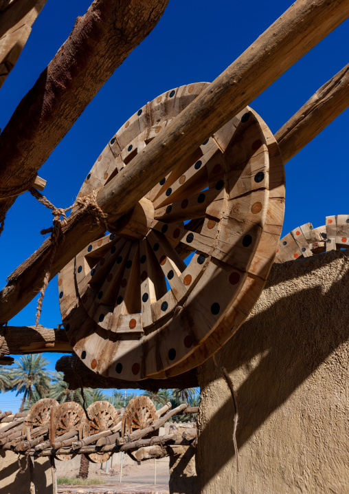 Wooden wheels in the ancient haddaj well, Tabuk province, Tayma, Saudi Arabia