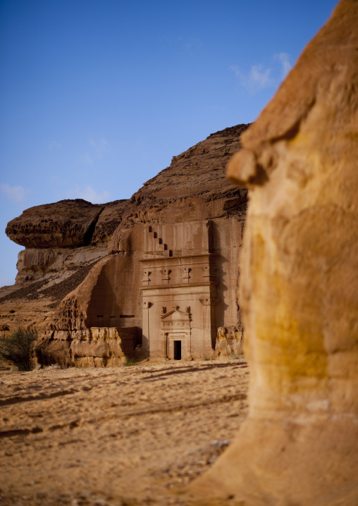 Nabataean tomb in al-Hijr archaeological site in Madain Saleh, Al Madinah Province, Alula, Saudi Arabia