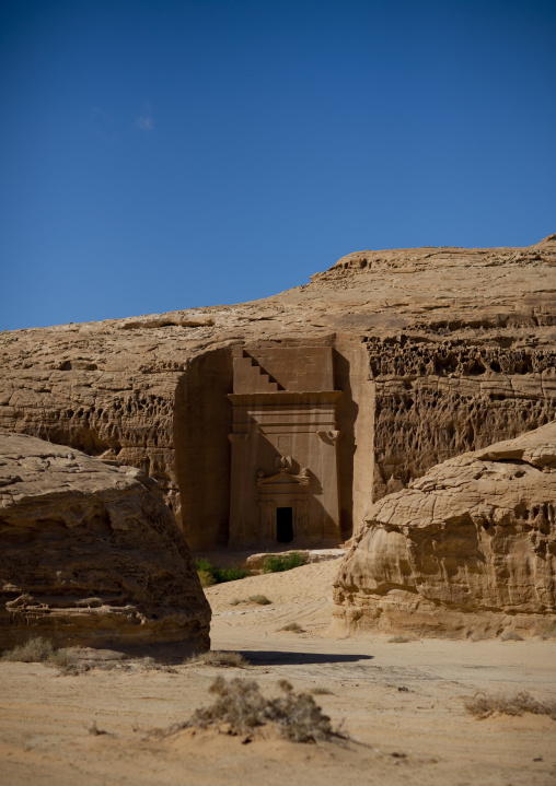 Nabataean tomb in al-Hijr archaeological site in Madain Saleh, Al Madinah Province, Alula, Saudi Arabia