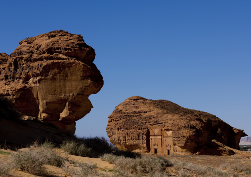 Nabataean tomb in al-Hijr archaeological site in Madain Saleh, Al Madinah Province, Alula, Saudi Arabia