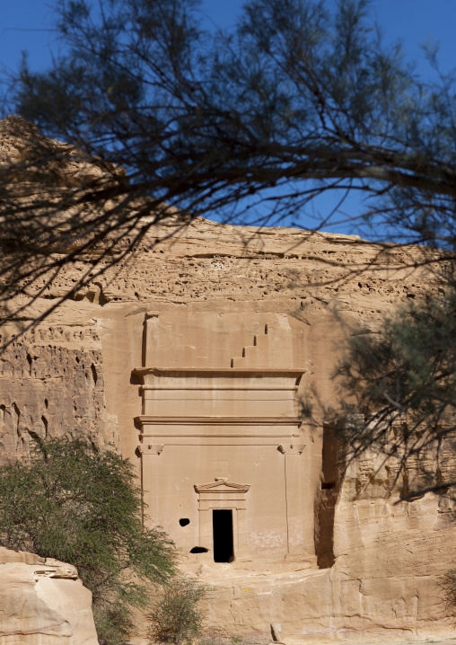 Nabataean tomb in al-Hijr archaeological site in Madain Saleh, Al Madinah Province, Alula, Saudi Arabia