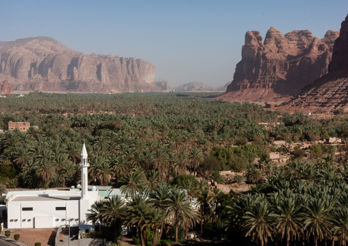 Elevated view of al-ula old town and oasis, Al Madinah Province, Al-Ula, Saudi Arabia