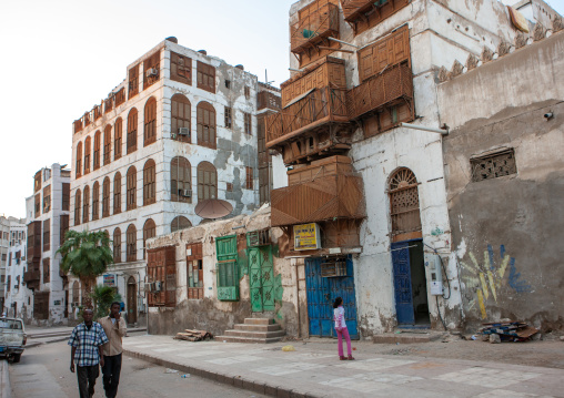 Houses with wooden mashrabia and rowshan in the old quarter, Hijaz Tihamah region, Jeddah, Saudi Arabia