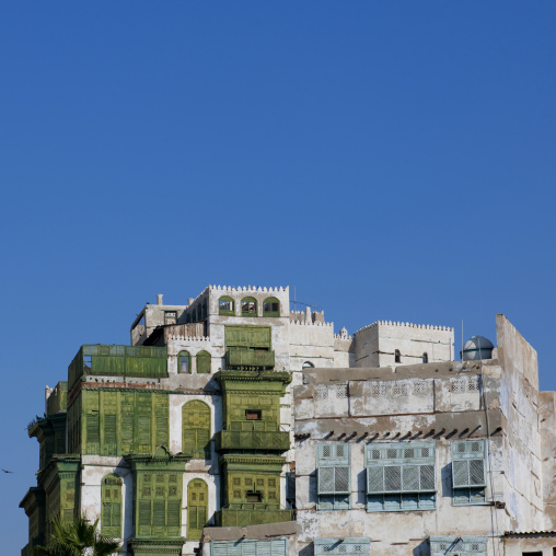 Old house with wooden mashrabiya in al-Balad quarter, Mecca province, Jeddah, Saudi Arabia