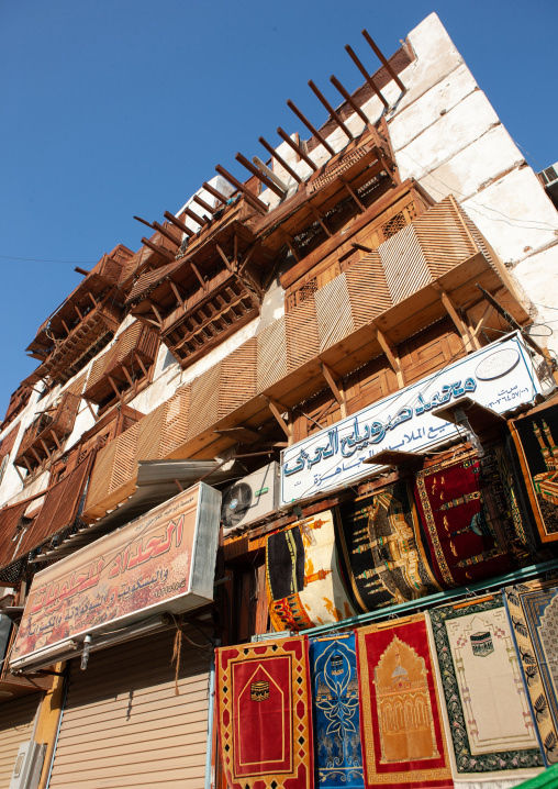 Houses with wooden mashrabia and rowshan in the old quarter, Hijaz Tihamah region, Jeddah, Saudi Arabia