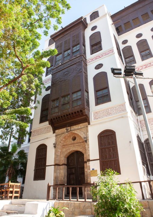 Houses with wooden mashrabia and rowshan in the old quarter, Hijaz Tihamah region, Jeddah, Saudi Arabia