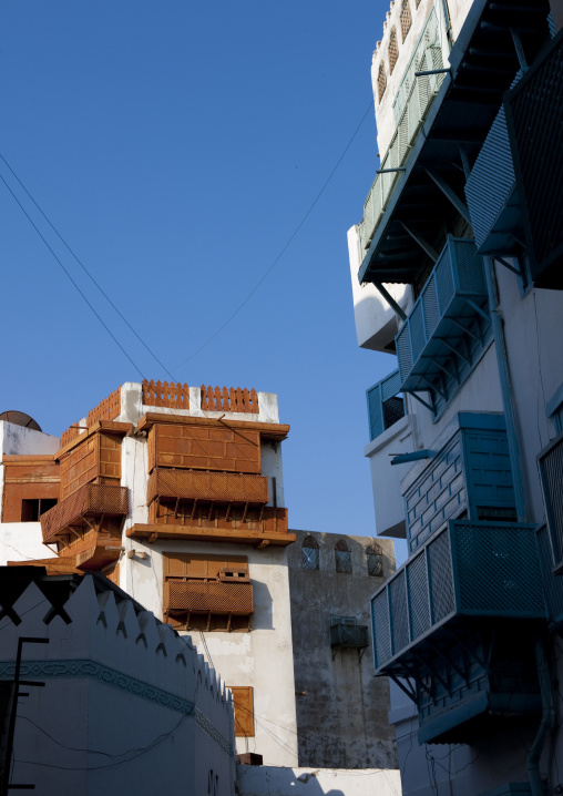 Old house with wooden mashrabiya in al-Balad quarter, Mecca province, Jeddah, Saudi Arabia