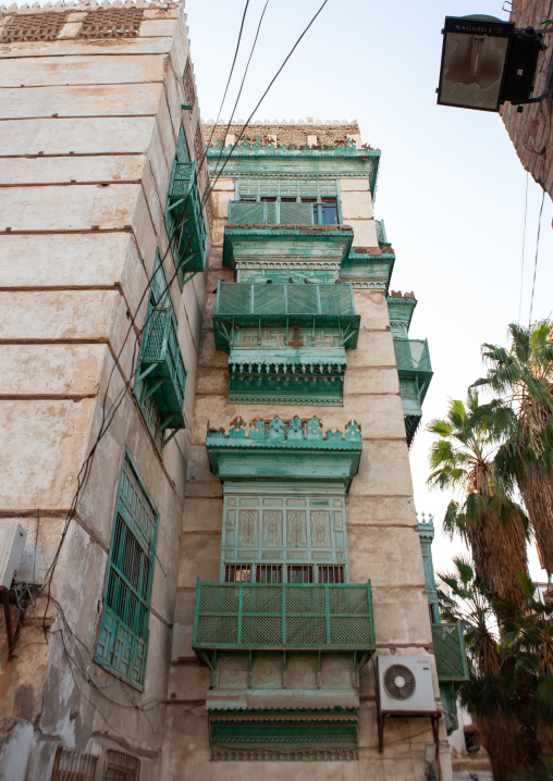 Houses with wooden mashrabia and rowshan in the old quarter, Hijaz Tihamah region, Jeddah, Saudi Arabia