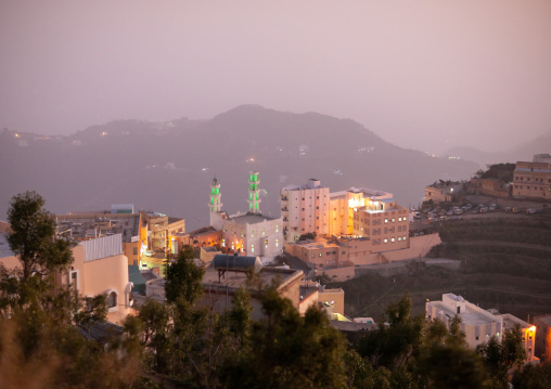 Village at dusk in the mountains near the yemeni border, Al-Sarawat, Fifa Mountains, Saudi Arabia