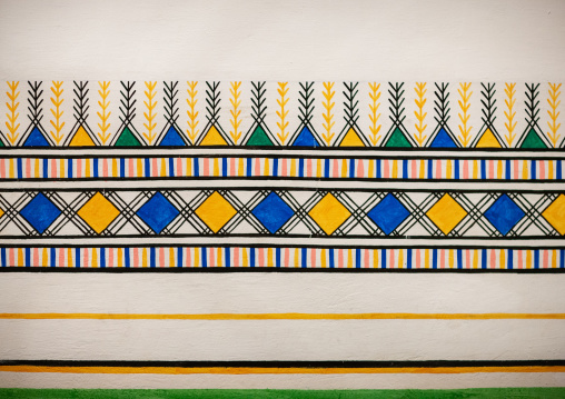 Traditional interior wall decoration made by the women called al-qatt al-asiri in bin hamsan house, Asir province, Khamis Mushayt, Saudi Arabia