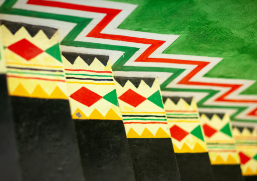 Traditional interior wall decoration made by the women called al-qatt al-asiri in bin hamsan house, Asir province, Khamis Mushayt, Saudi Arabia