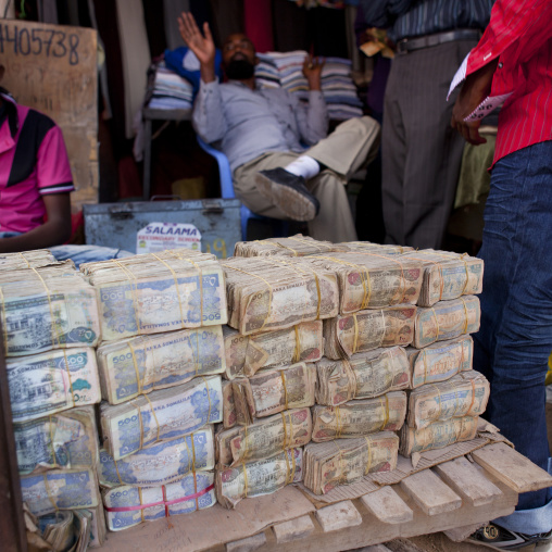 Wads Of Money Changers On A Stall Near Hargeisa Market, Somaliland