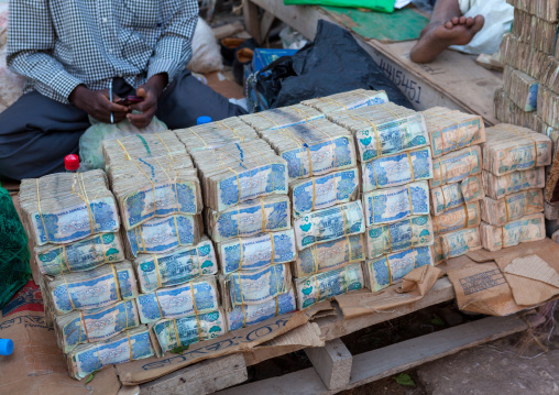 Wads of money changers on a stall in the street, Woqooyi Galbeed region, Hargeisa, Somaliland