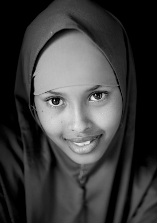 Close Up Black And White Portrait Of A Smiling Young Woman, Berbera, Somaliland