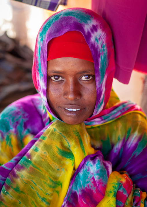 Portrait of a somali woman in colorful hijab, North-Western province, Berbera, Somaliland