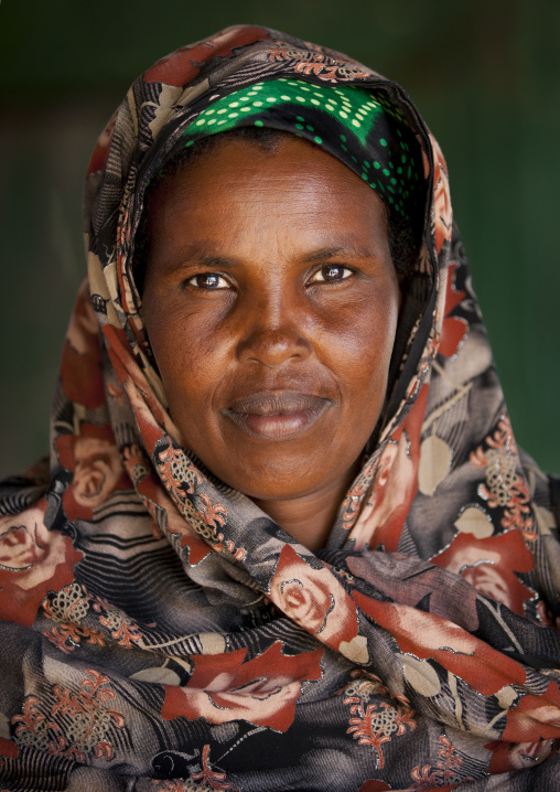 Portrait Of A Beautiful Mature Woman Wearing A Colorful Hijab, Burao, Somaliland