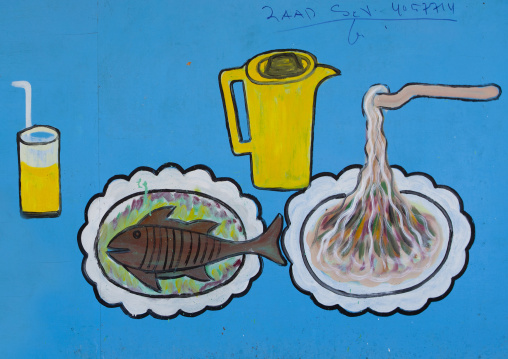 A Painted Bilboard Advertising For A Restaurant And Representing Fish Drinks And Noodles,  Berbera, Somaliland