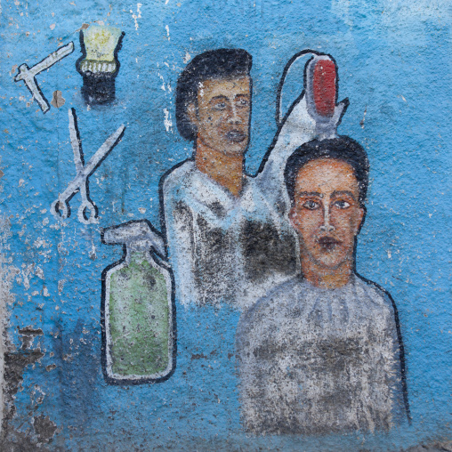 A Painted Sign Advertising For A Barber Shop And Depicting A Man Getting A Haircut, Boorama, Somaliland