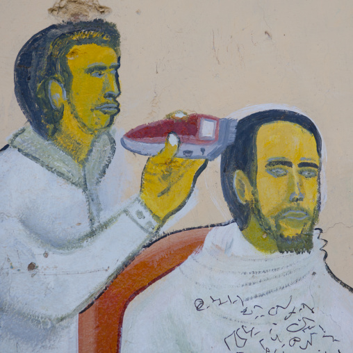 A Painted Sign For A Barbershop Depicting A Man Getting A Haircut, Boorama, Somaliland