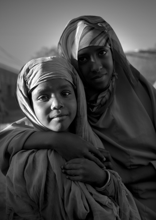 Black And White Portrait Of Two Young Girls, Boorama, Somaliland