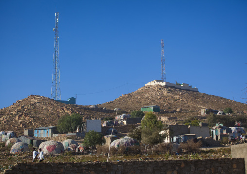 Antennas On Top Of Hills And Slum Huts Village Down In A Dry Area, Boorama, Somaliland