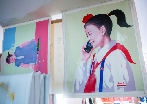 Sun mu artist painting of a north korean girl calling on a mobile phone, National capital area, Seoul, South korea