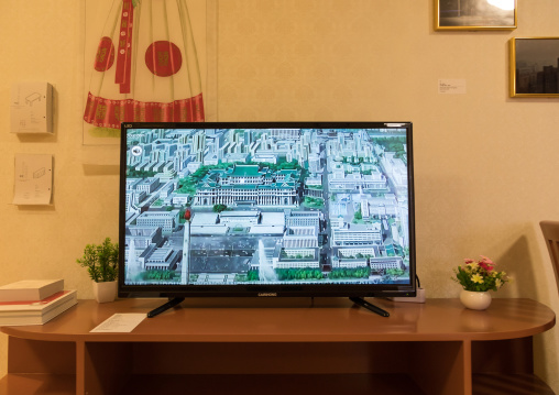 Television during the exhibition Pyongyang sallim at architecture biennale showing a north Korean apartment replica, National Capital Area, Seoul, South Korea