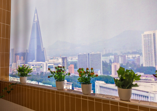 View on Ryugyong hotel  from a balcony during the exhibition Pyongyang sallim at architecture biennale showing a north Korean apartment replica, National Capital Area, Seoul, South Korea