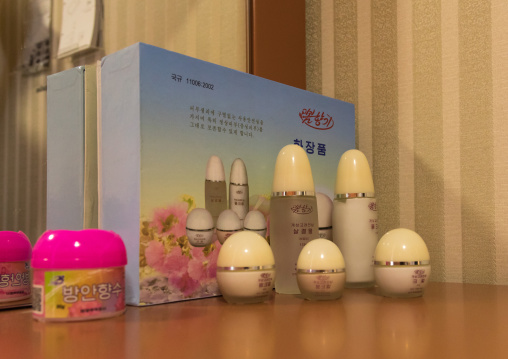 Beauty products made in china during the exhibition Pyongyang sallim at architecture biennale showing a north Korean apartment replica, National Capital Area, Seoul, South Korea