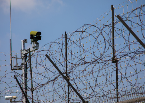 Barbed wires and CCTV on the DMZ, North Hwanghae Province, Panmunjom, South Korea