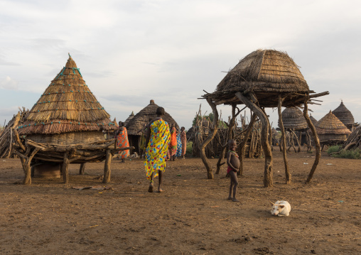 Toposa tribe people in a traditional village with granaries, Namorunyang State, Kapoeta, South Sudan