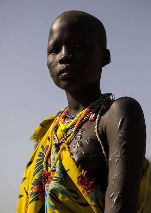Scarifications on the body of a Larim tribe young woman, Boya Mountains, Imatong, South Sudan