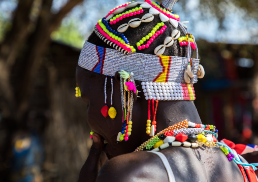 Portrait of a Larim tribe woman with a lot of decorations, Boya Mountains, Imatong, South Sudan
