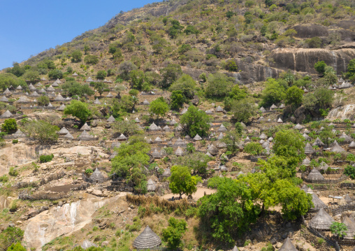 Aerial view of a traditional Lotuko tribe village in the mountain, Central Equatoria, Illeu, South Sudan