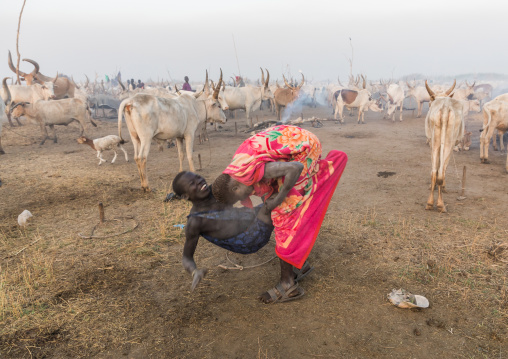 Mundari tribe boys wrestling in a cattle camp, Central Equatoria, Terekeka, South Sudan