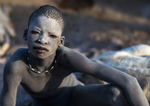 Portrait of a Mundari tribe boy covered in ash to repel flies and mosquitoes in a cattle camp, Central Equatoria, Terekeka, South Sudan