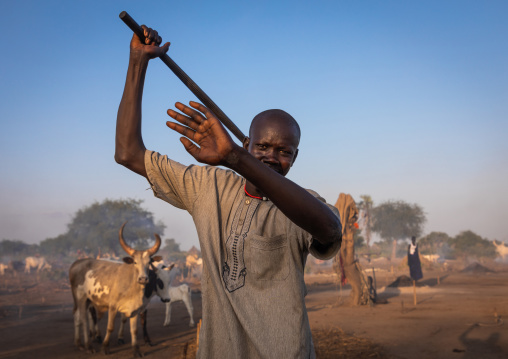 Mundari man fighting with the traditional stick, Central Equatoria, Terekeka, South Sudan
