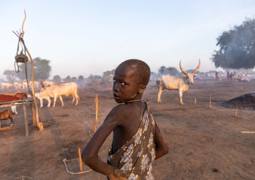 Mundari tribe boy taking care of the long horns cows in the camp, Central Equatoria, Terekeka, South Sudan