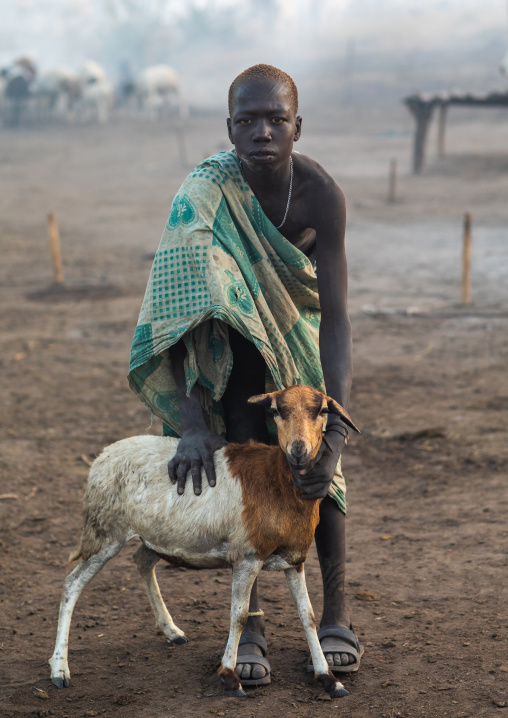 Mundari tribe boy taking care of a sheep in a camp, Central Equatoria, Terekeka, South Sudan