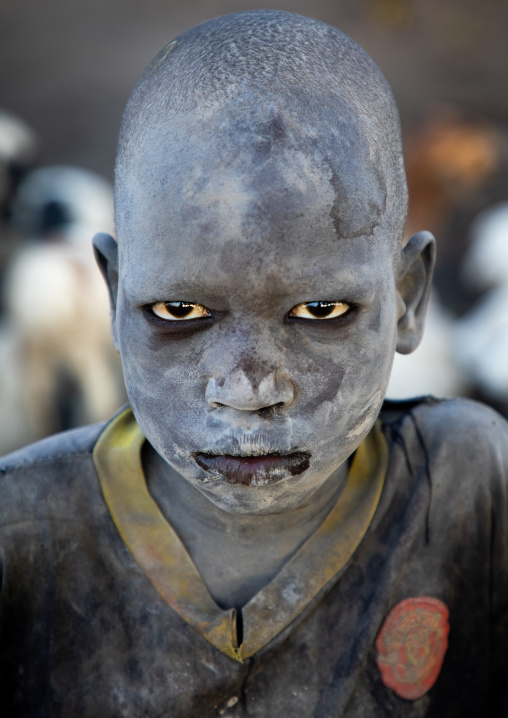 Mundari tribe boy covered in ash in a camp, Central Equatoria, Terekeka, South Sudan