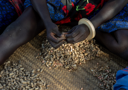 Mundari tribe woman preparing peanuts, Central Equatoria, Terekeka, South Sudan