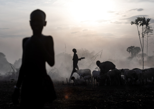 Mundari tribe boys taking care of the bonfires made with dried cow dungs to repel flies and mosquitoes, Central Equatoria, Terekeka, South Sudan