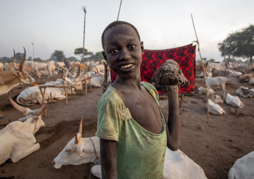 Mundari tribe boy collecting dried cow dungs to make bonfires to repel mosquitoes and flies, Central Equatoria, Terekeka, South Sudan