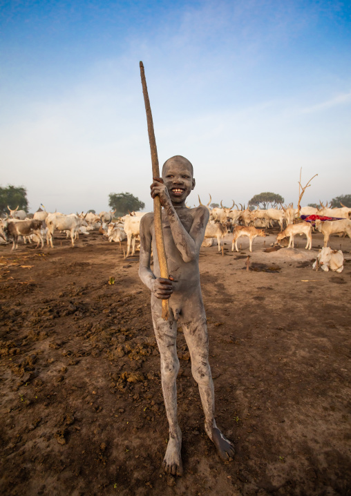 Mundari tribe boy taking care of the long horns cows in the camp, Central Equatoria, Terekeka, South Sudan
